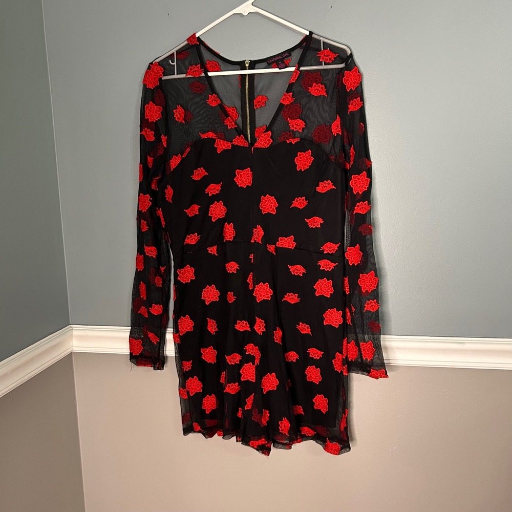 Material‎ Girl Womens XL Black Red Floral Embroidered Mesh Long Sleeve Romper
